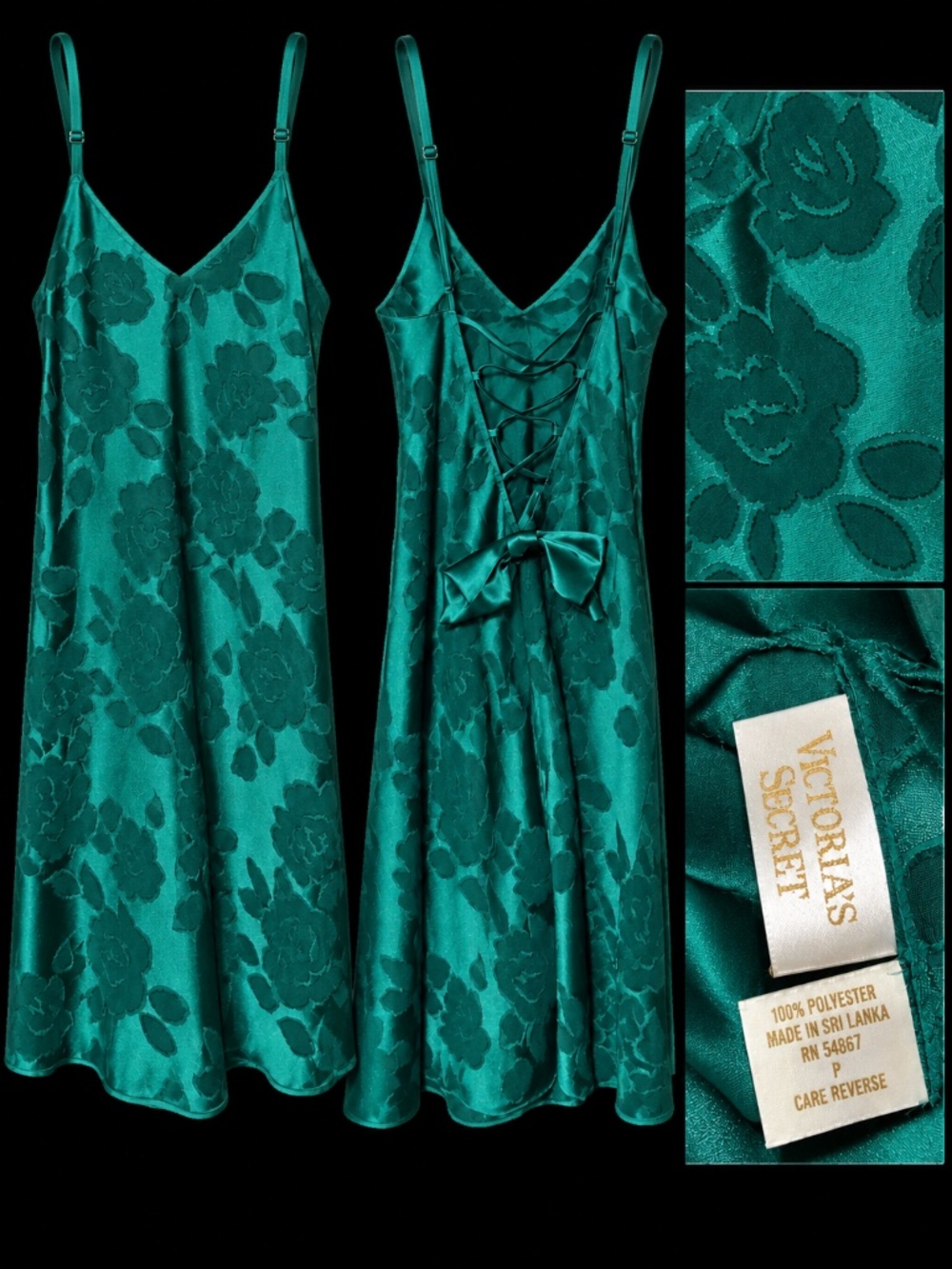 OBO*Vintage Victoria’s Secret Gold Tag Emerald Satin Nightgown